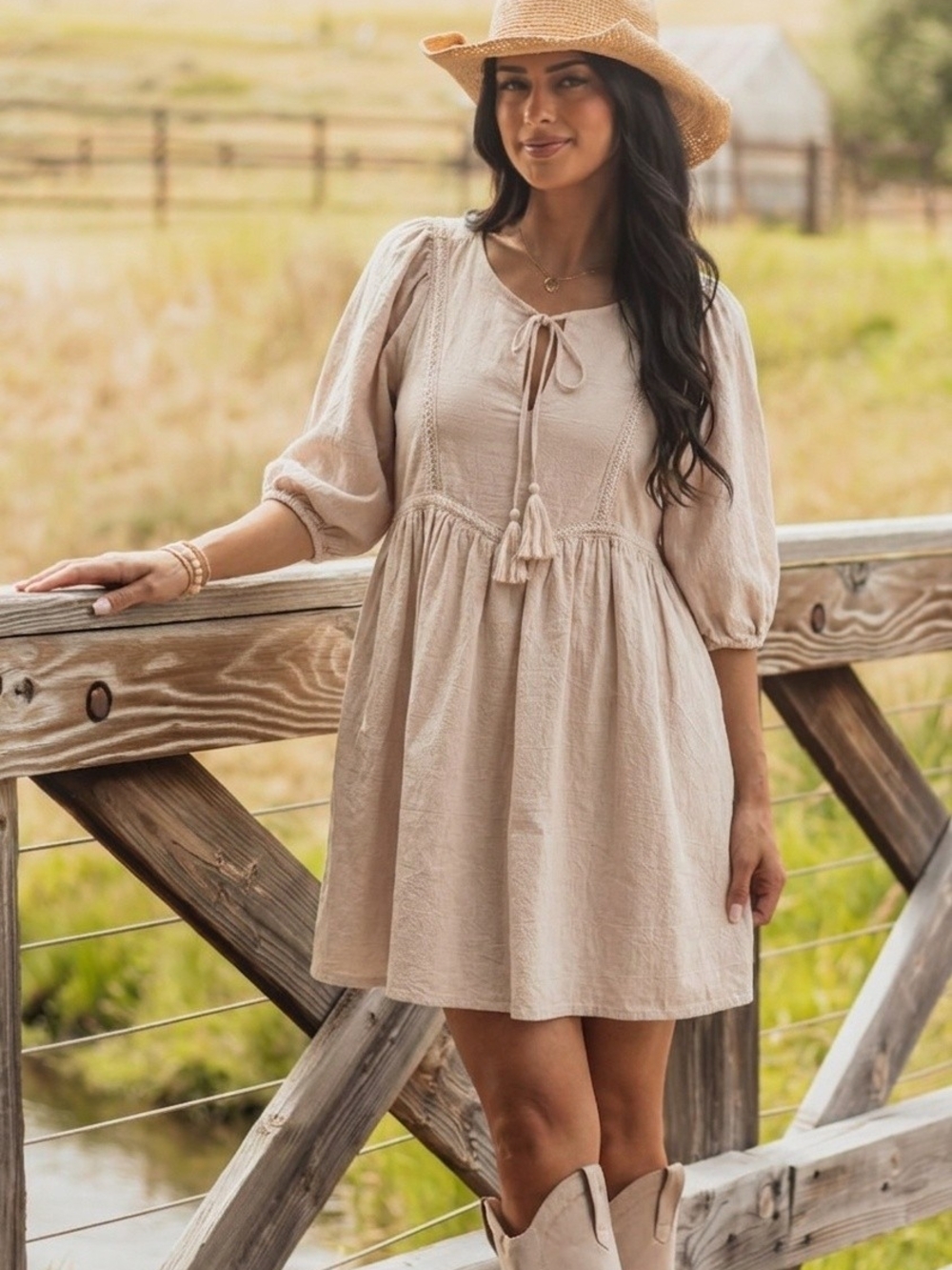 Listicle Beige Peasant Mini Dress with Tassel Tie